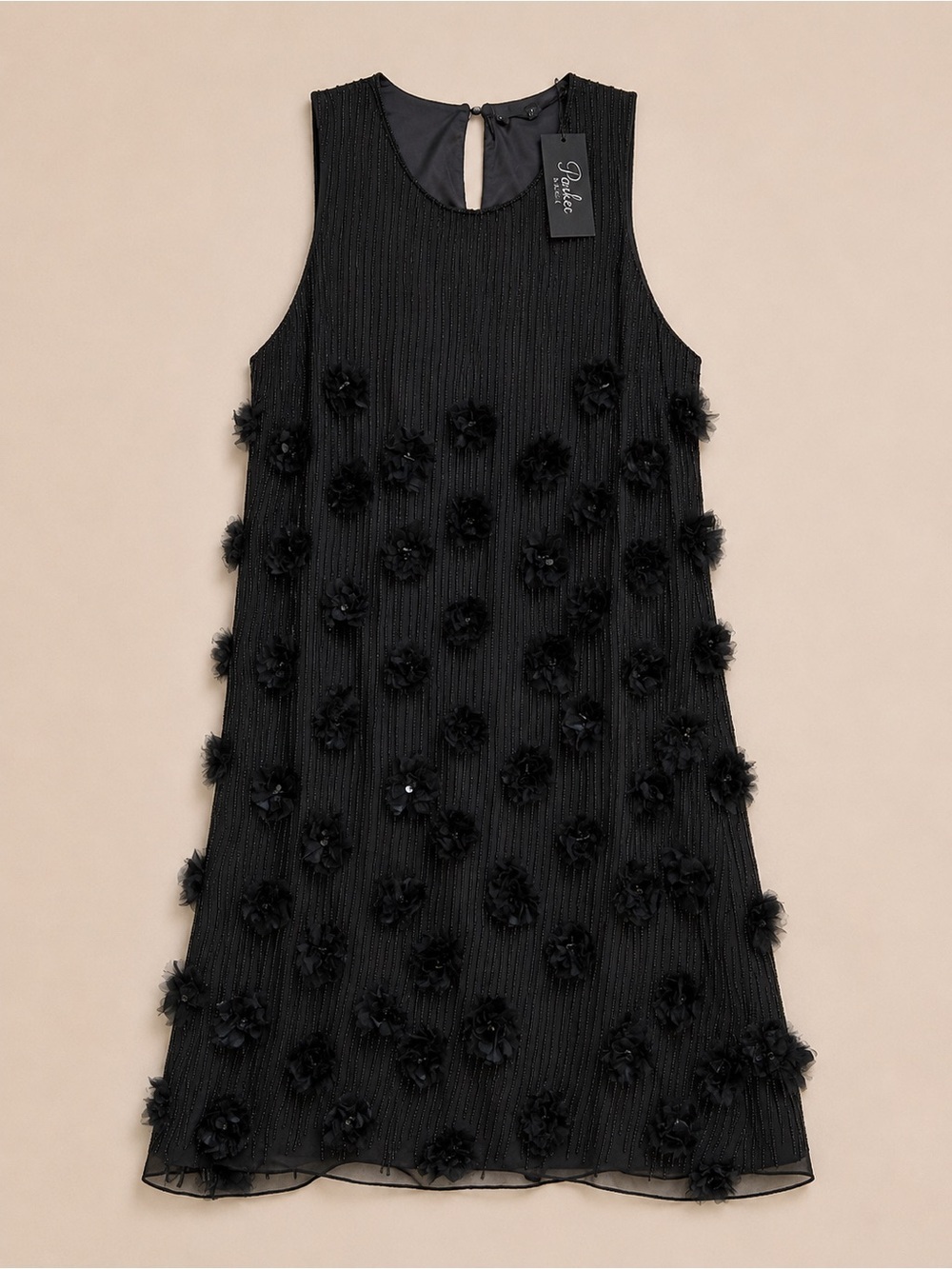 Parker Black 3D Floral Beaded Shift Dress NWT Size 12 Sleeveless Cocktail